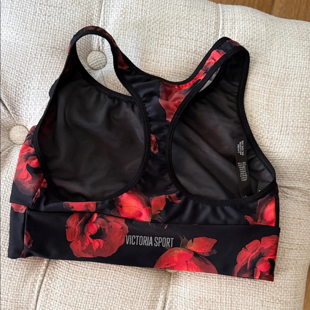 Victorias Secret Elegant Black and Red Floral Sports Bra